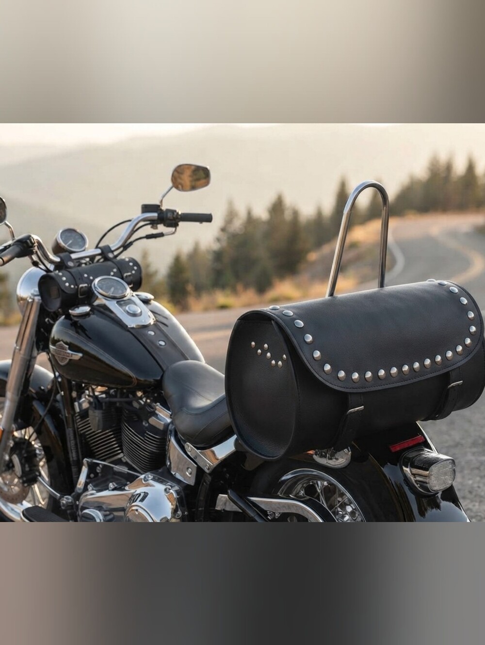 Black Studded Motorcycle Handlebar Tool Bag Barrel Roll Pouch